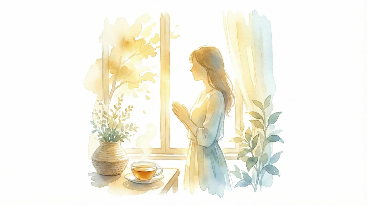 あなたは悪くない - 光が差し込む窓辺に佇む女性の水彩イラスト