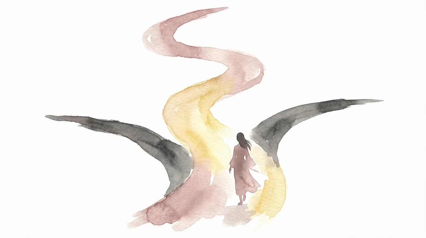 第三の選択肢 - 分かれ道の中で光の射す道を選ぶ女性の水彩イラスト