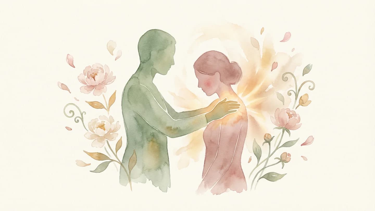 プロのプレジャーケアで性交痛の悩みを解消 - 温かな光に包まれたリラクゼーション空間の水彩イラスト