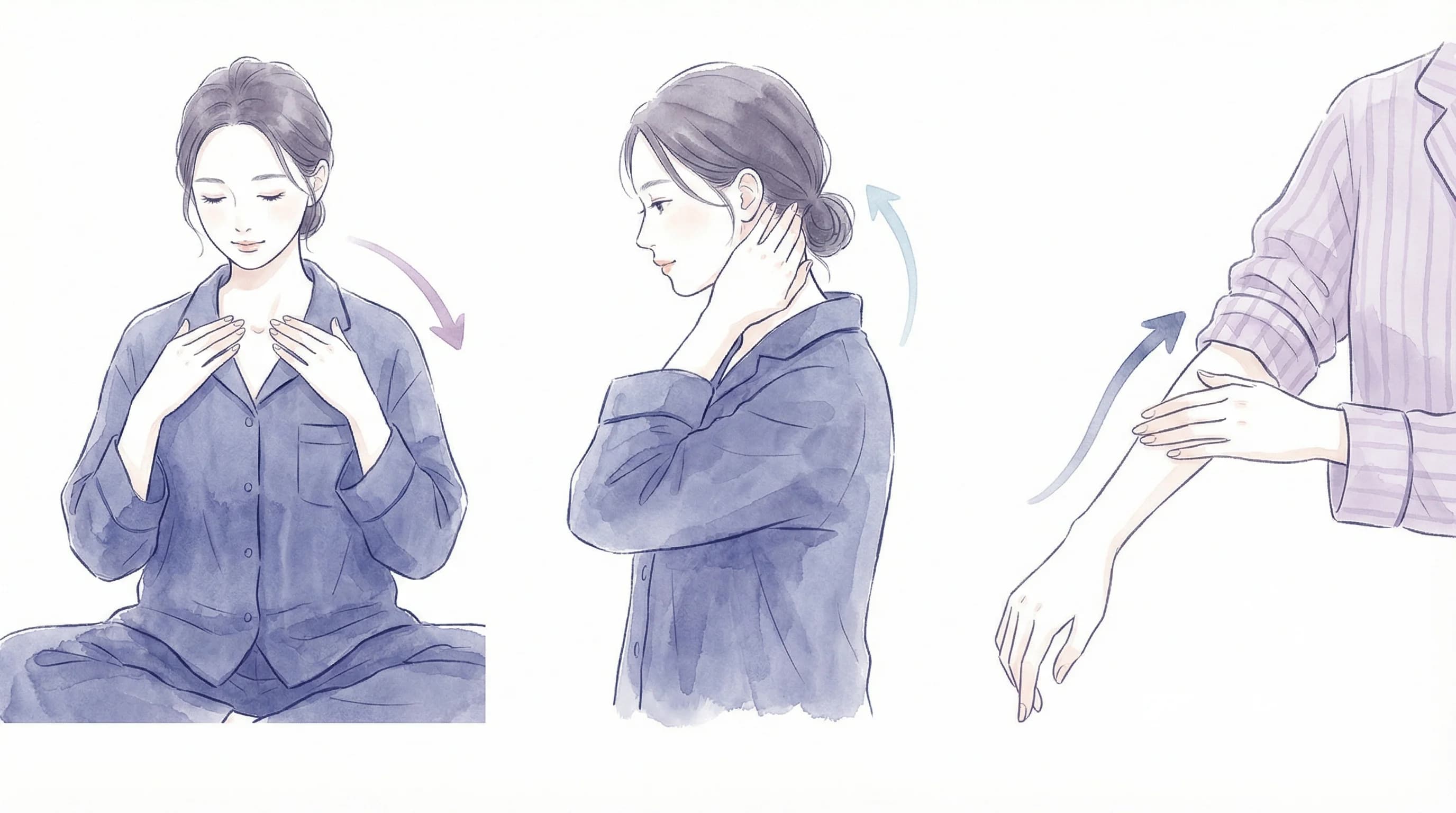 セルフタッチ入眠法の手順 — 鎖骨の下をそっとなぞる、首の後ろをゆっくり、前腕の内側を手首からひじに向かって