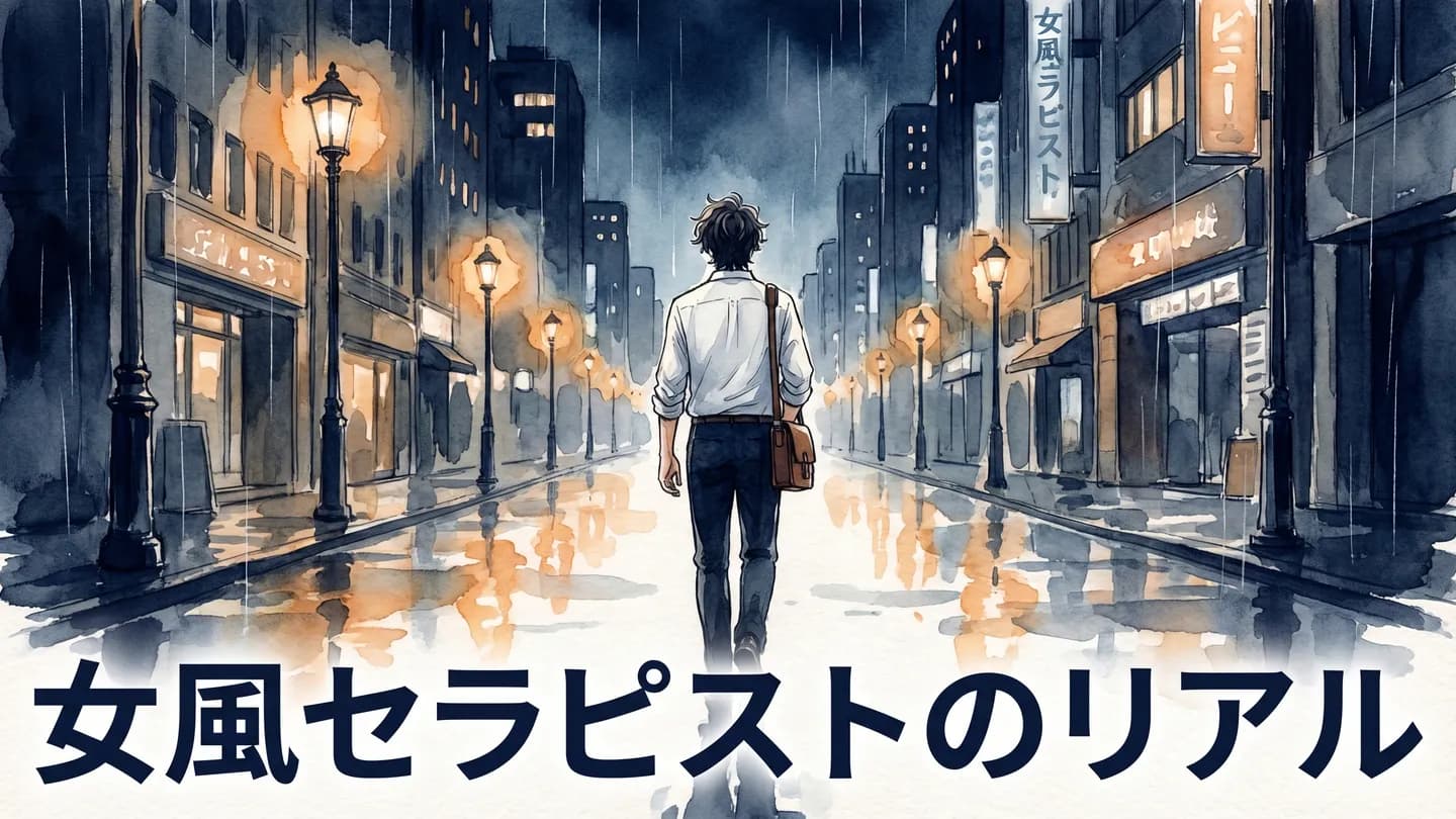 女風セラピストのリアル — 夜の街を歩くセラピストの後ろ姿の水彩イラスト