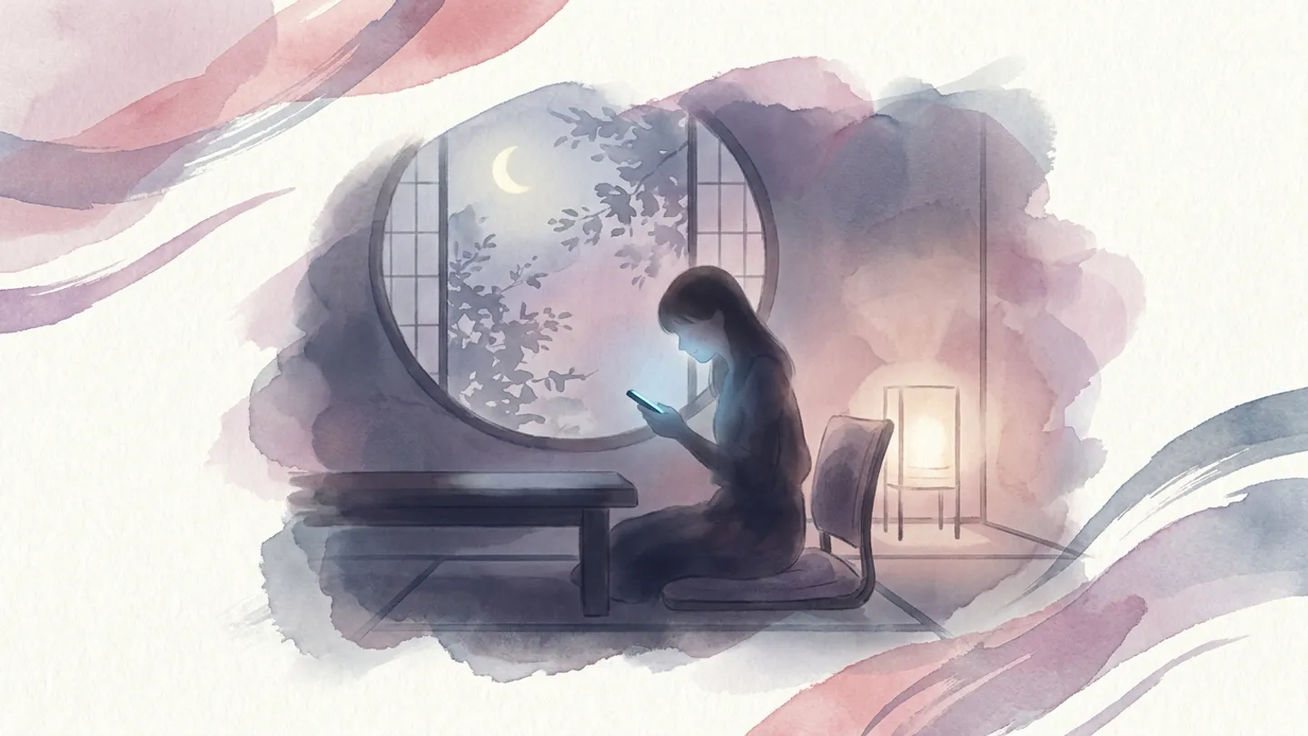 夜にスマホを見る女性 — 処女 取り残された と検索する女性の水彩イラスト