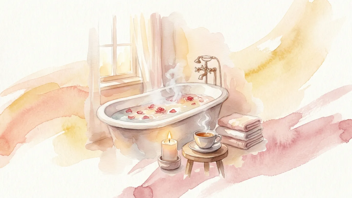 セルフケアの水彩イラスト — お風呂・瞑想で体と心を整える